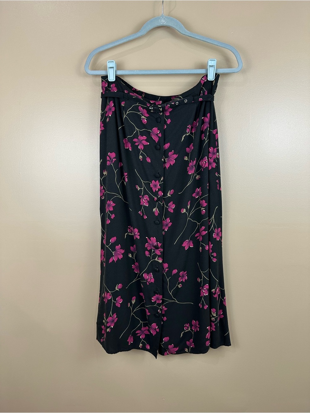 Vintage 90s Black Dark Floral Rayon Button Front Midi Skirt Petite M Whimsigoth